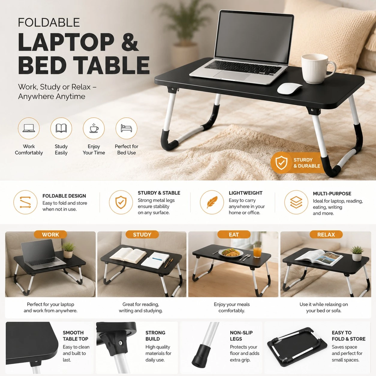 Portable Foldable Laptop Table for Bed, Sofa & Floor