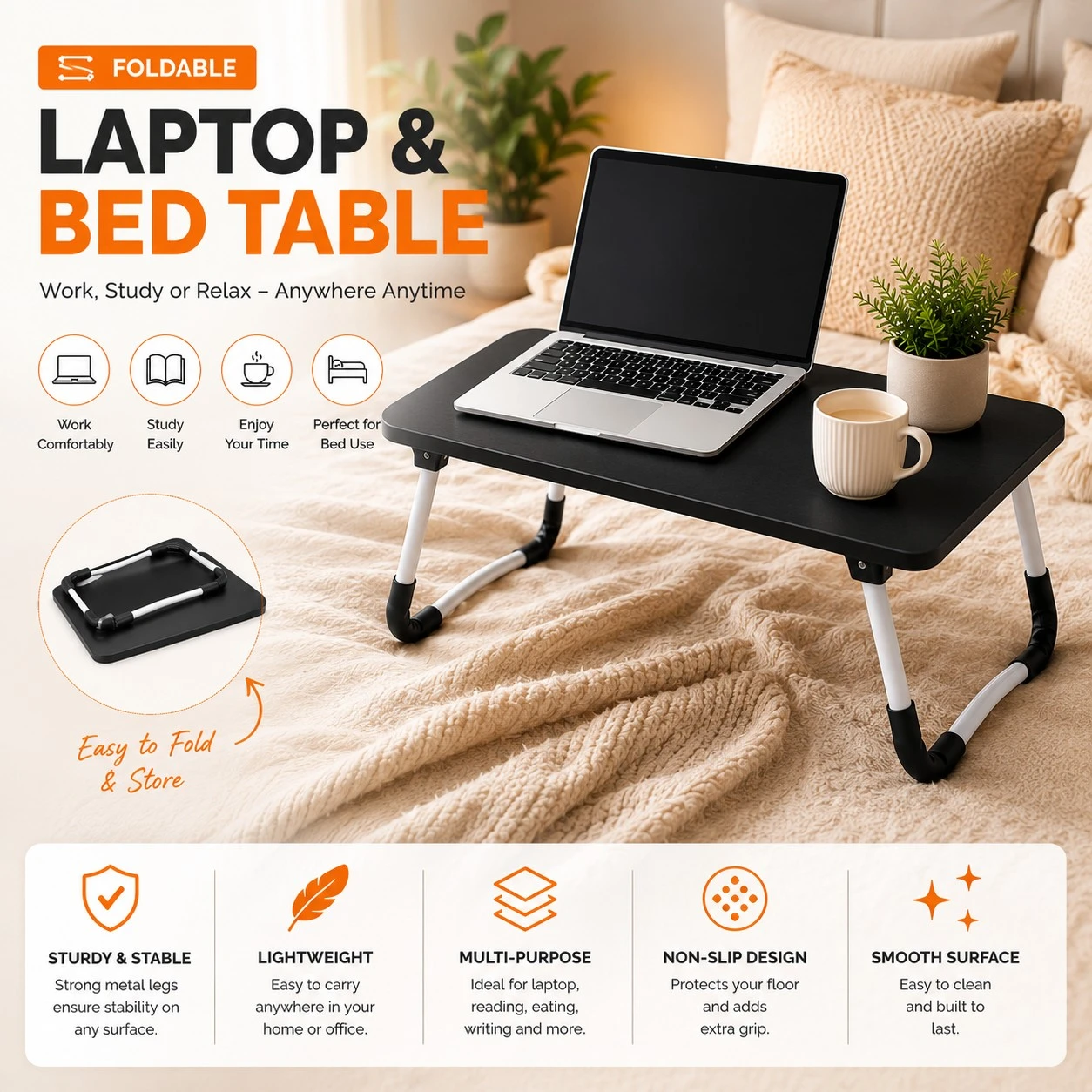 Portable Foldable Laptop Table for Bed, Sofa & Floor